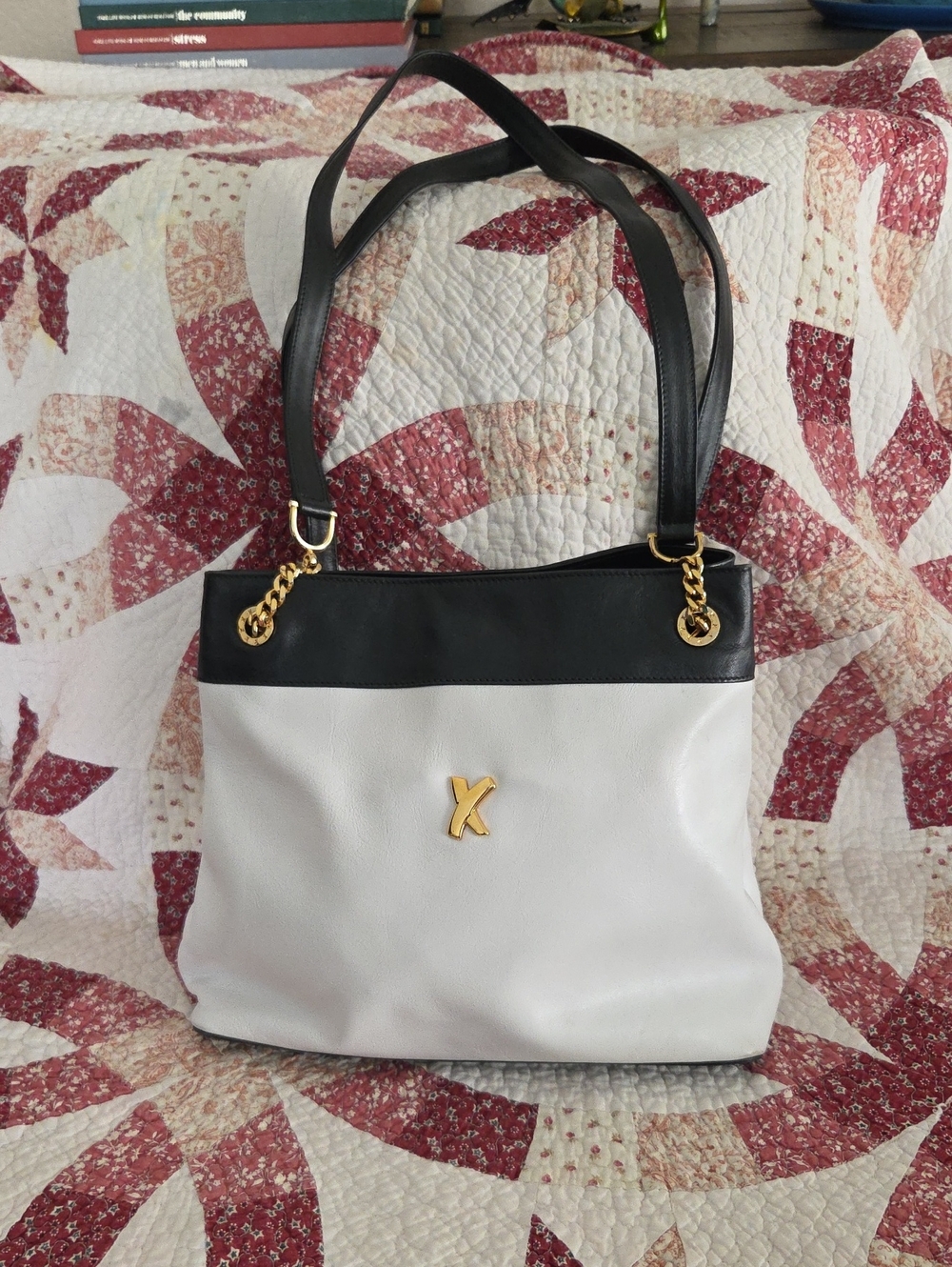 Paloma Picasso Color Block Shoulder Bag - Black & White with Gold Accent VGUC